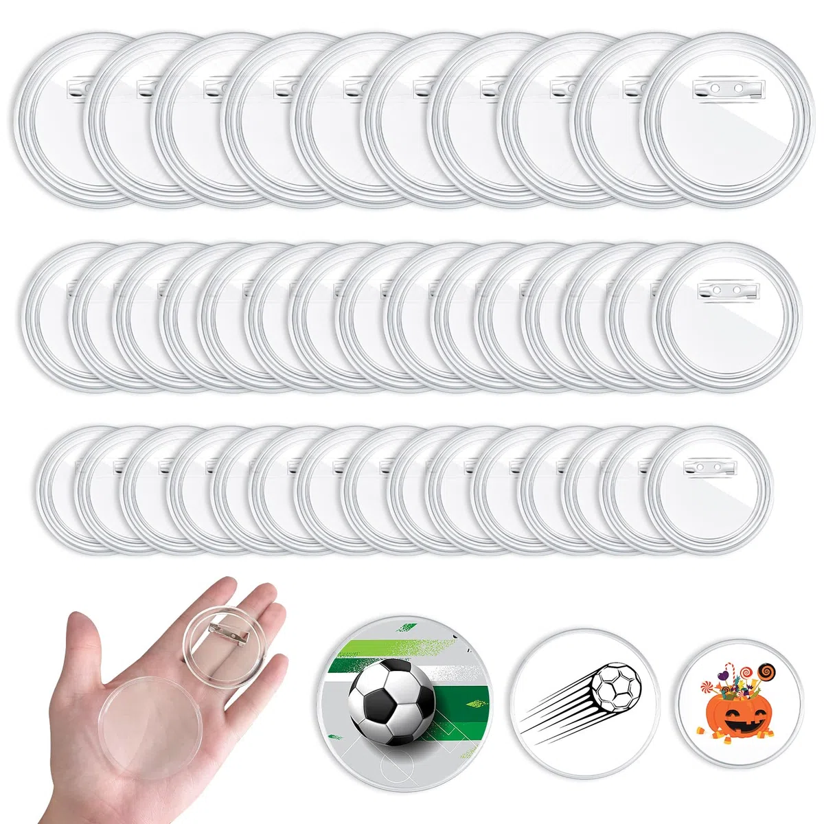 Kit di 40 badge in acrilico trasparente, 3 dimensioni, spille rotonde per creare distintivi a bottone per fai da te, regali di compleanno, scuola, attività nuziali, vestiti e feste