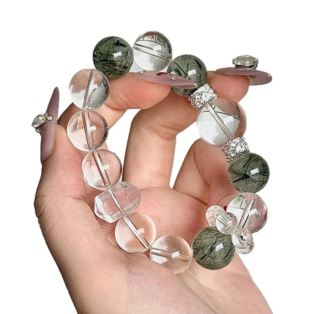 Braccialetto con Perline Rotonde di Cristallo per Donna e Uomo, Bracciale Elastico in Quarzo Bianco Naturale e rutilato Verde, Bracciale con Perline di Pietre preziose lucidate Fatto a Mano