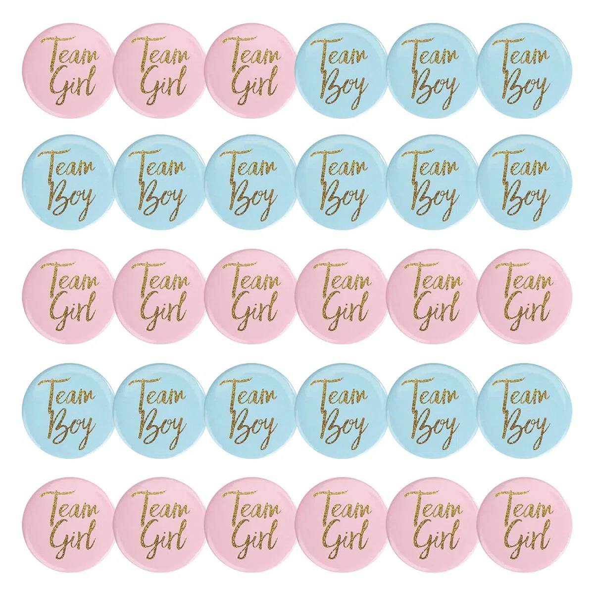 30 bottoni a forma di sesso, 4,5 cm, Team Girl e Team Boy Pin, distintivi, rotondi, per baby shower, decorazione accessori (blu e rosa)