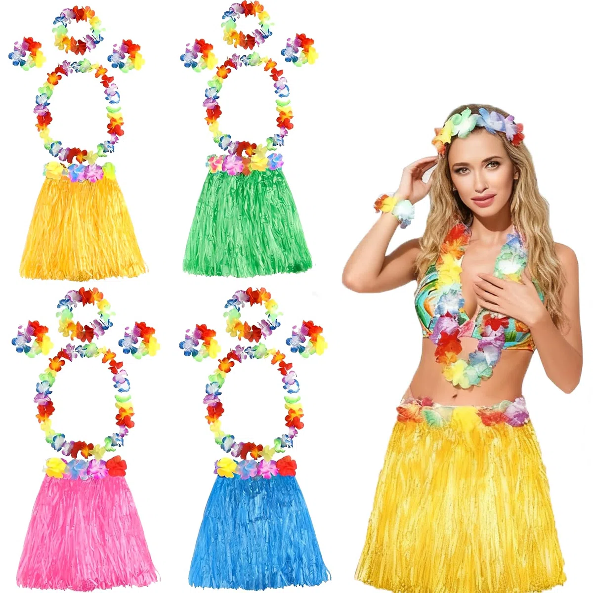 4 Pezzi Costume da Hula Hawaiano, Elastico Costume Fancy Dress Fiori Braccialetti Fascia per Capelli Collana per Ragazze Donne Festa di Compleanno Forniture,Quattro Colori